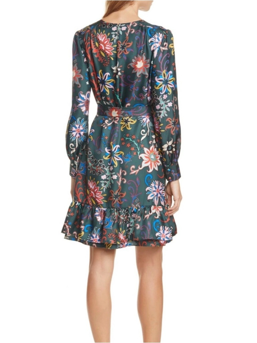 Tory Burch Green Belted Floral Print Silk Layered Ruffle Hem Dress Size 6 - Picture 2 of 7